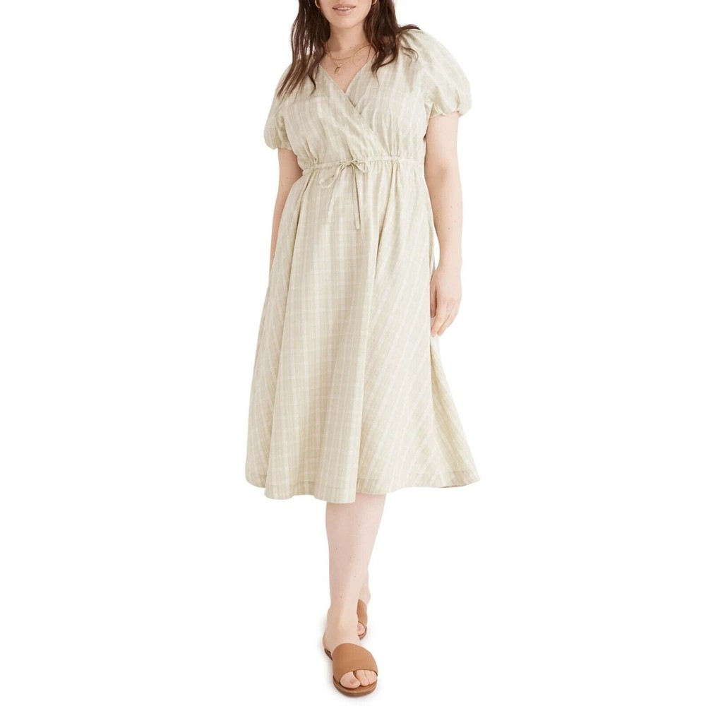 Madewell Plaid Tie-Waist Midi Dress Green Plaid Puff Sleeve Faux Wrap Size Small